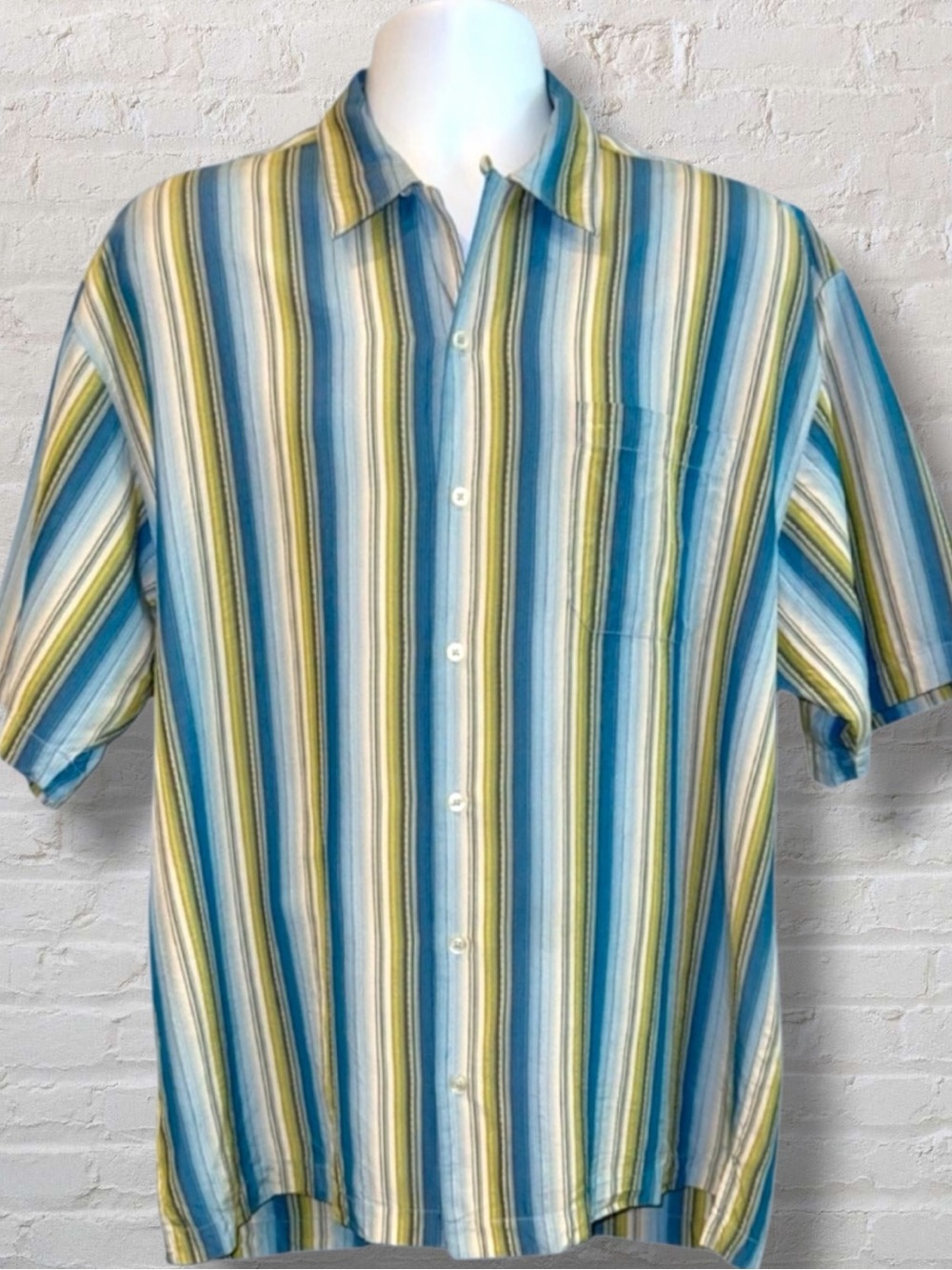 Tommy Bahama 100% Silk Shirt Men’s Large Blue Stripe Short Sleeve Y2K Style